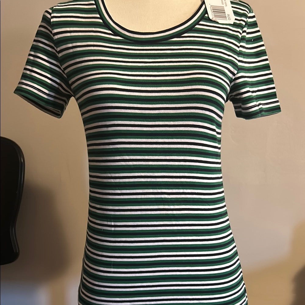 J. Crew Perfect Fit T Shirt Green and White Striped Short Sleeve Tee